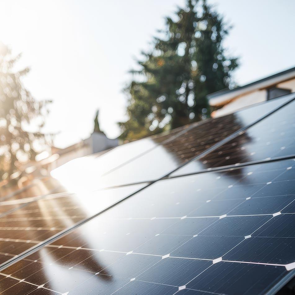 Solar panels on a roof catching bright sunlight with trees in the background.